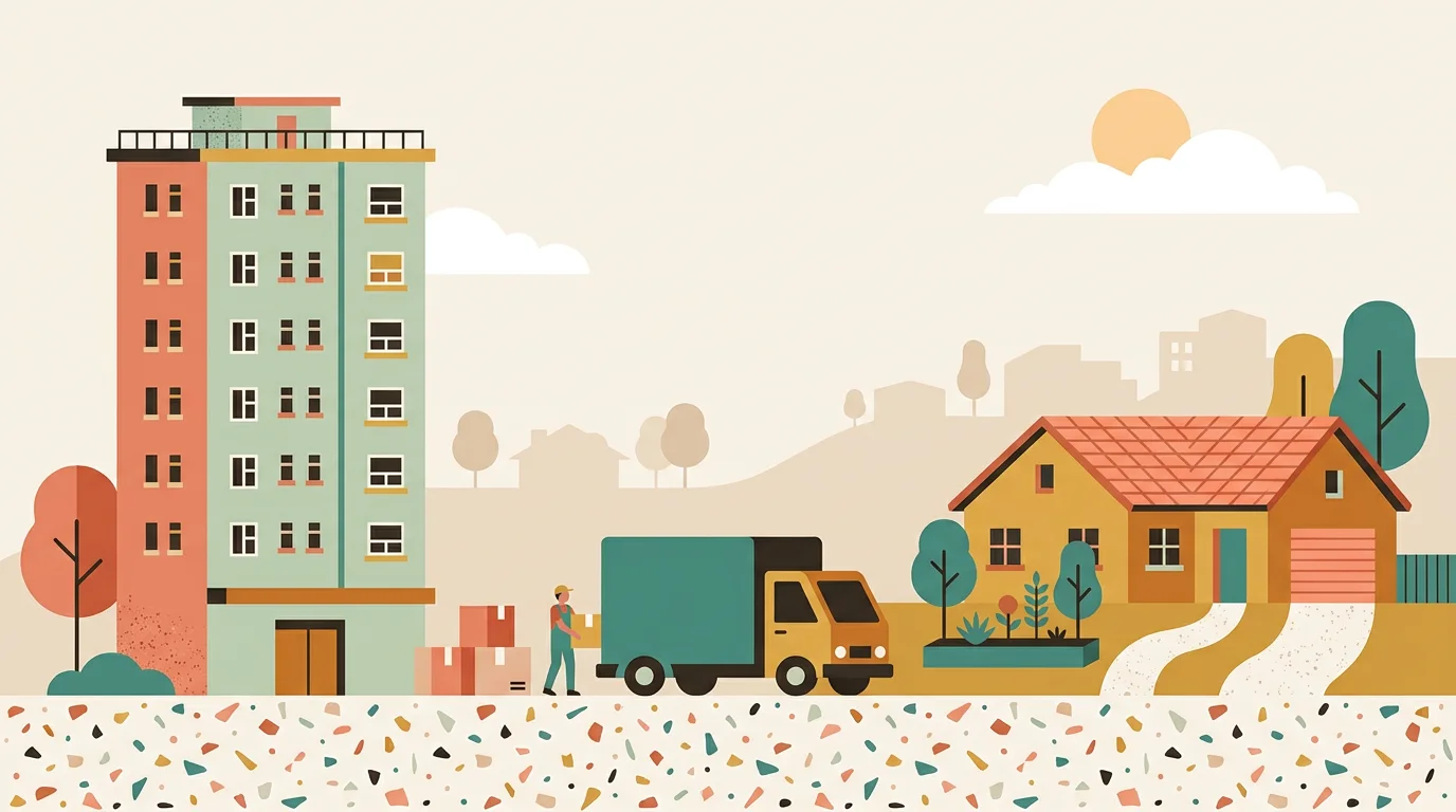 A geometric illustration of a St George apartment tower beside a freestanding house with a removal truck between them