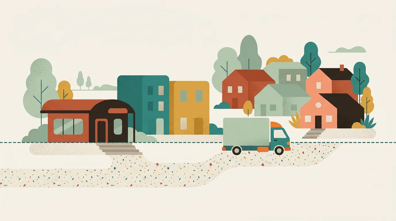 A geometric illustration of homes and a removal truck in Allawah