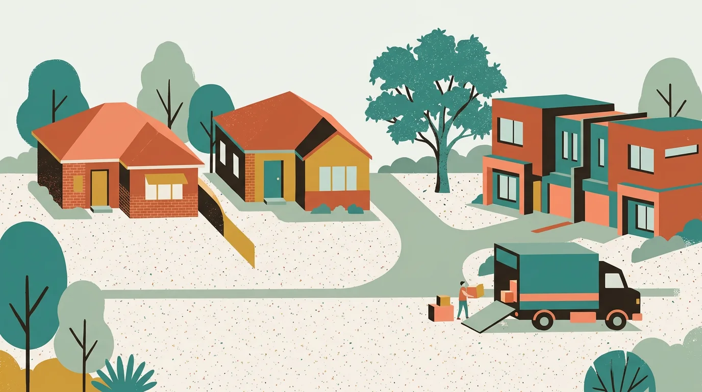 A geometric illustration of homes and a removal truck in Bexley