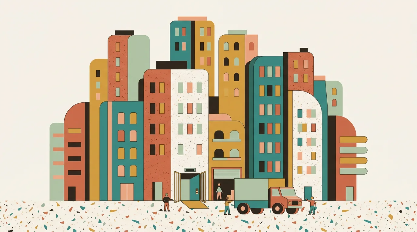 A geometric illustration of homes and a removal truck in Hurstville