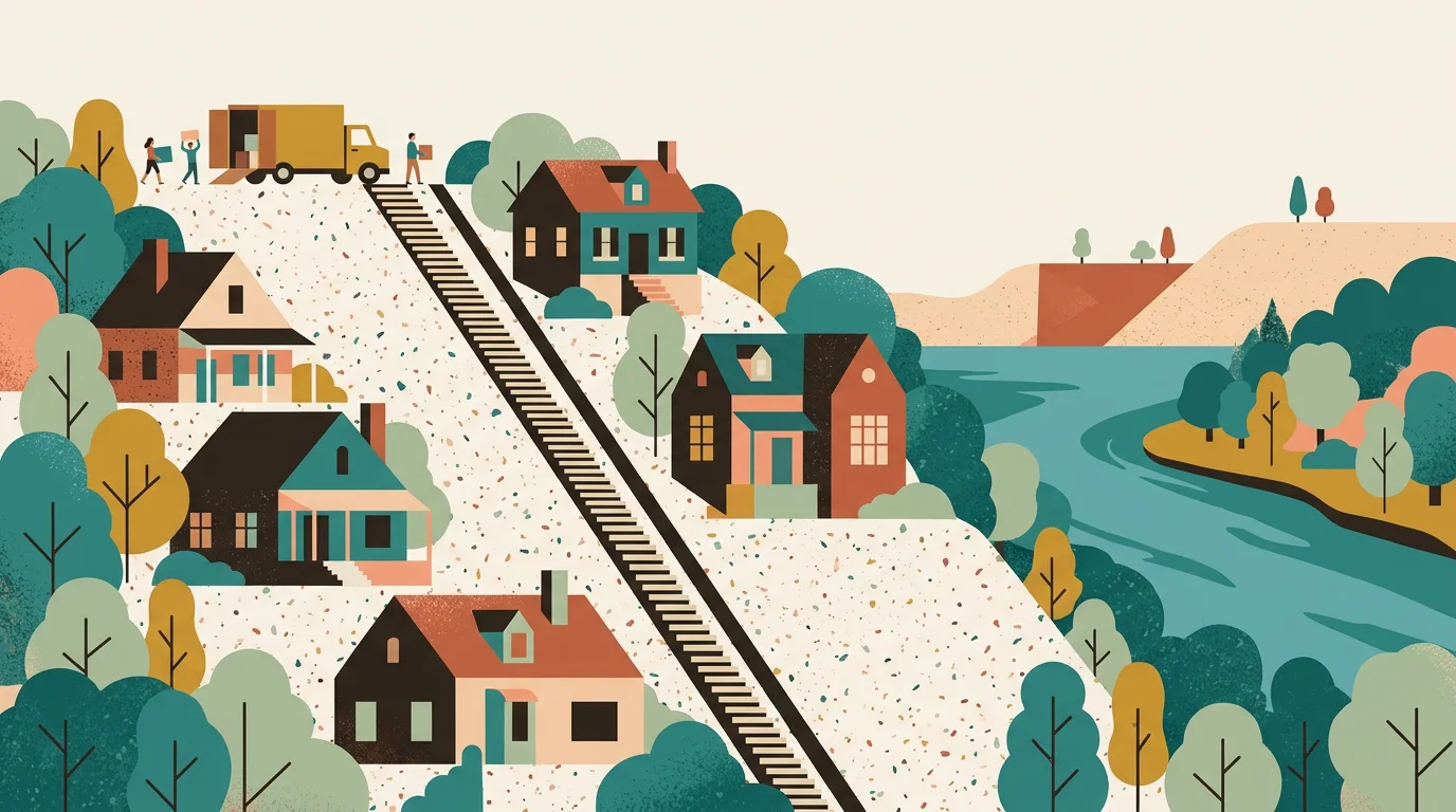 A geometric illustration of homes and a removal truck in Oatley